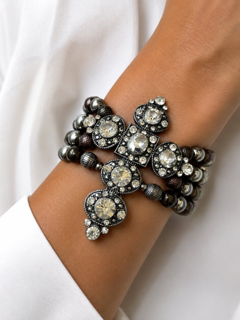 Women's Cross Stretch Bracelet Rhinestone Silver, Muted Gold, and Bronze Beads